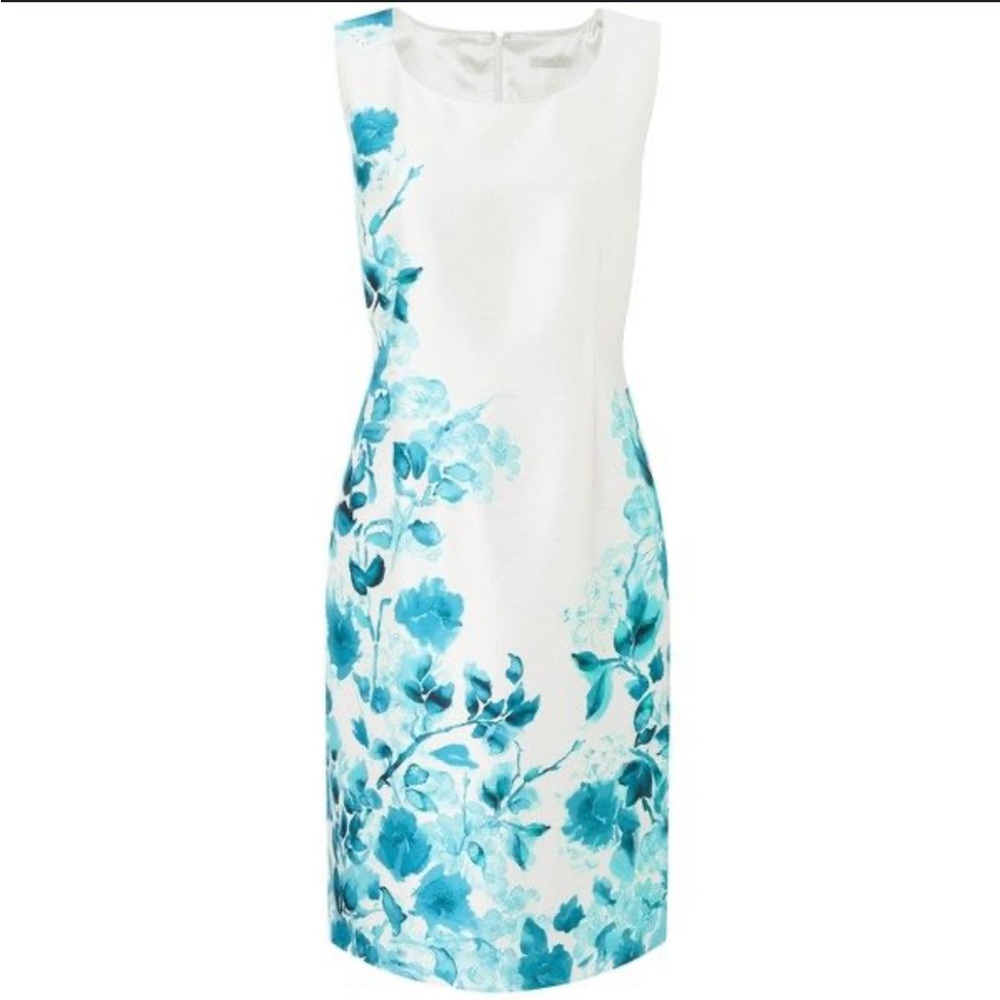 NWT Jacques Vert off white mock silk blue floral
print lined sleeveless dress